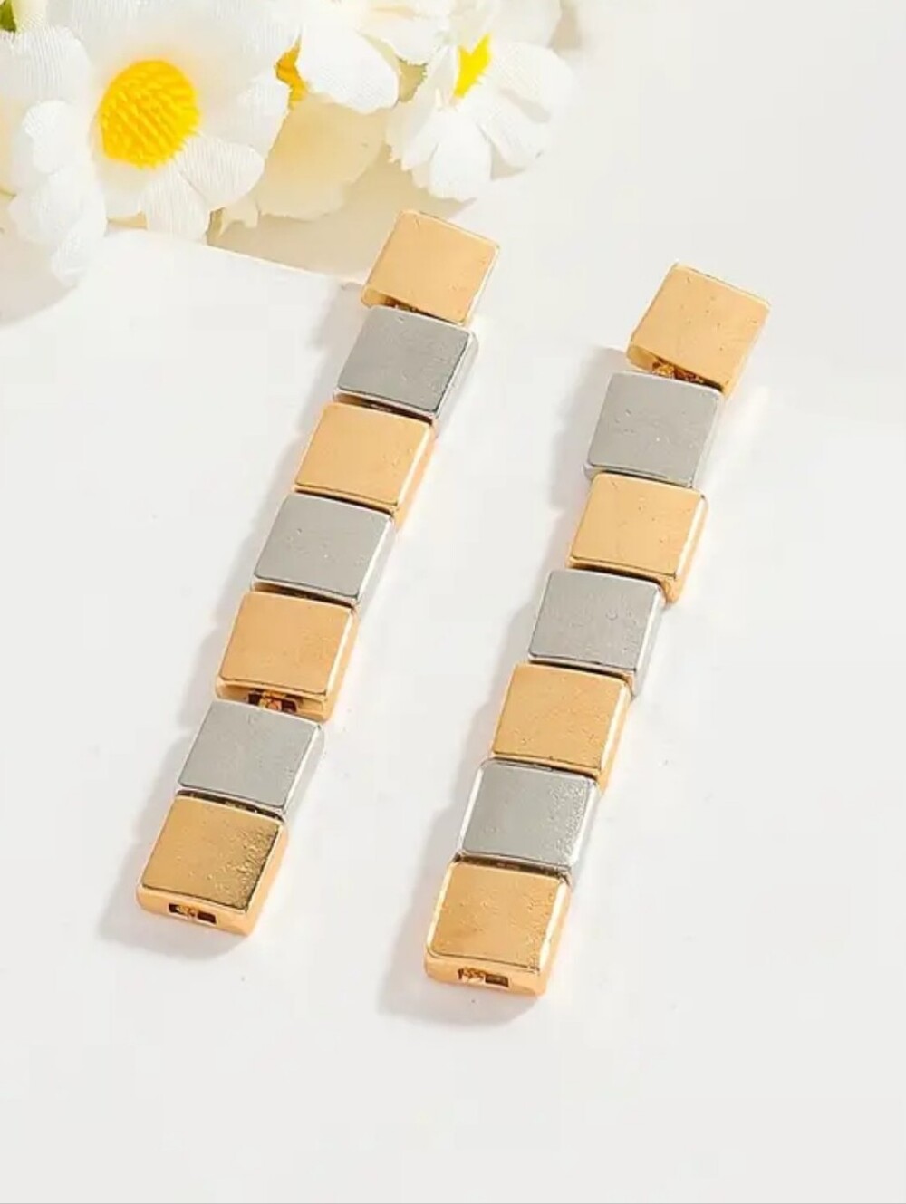 Minimalist Mixed Metal Cube Geometric Dangle Earrings; 2.23" Long; NWOT